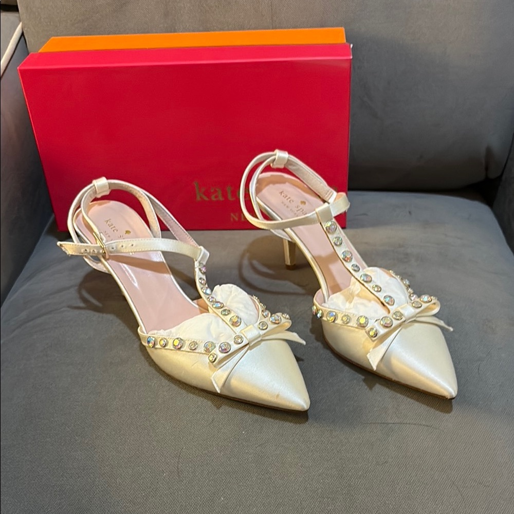 Kate Spade Cream Heels with Pearl Embellishments